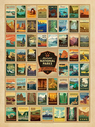 100th Anniversary 59-image Print - After working for 5 years, we have produced 59 gallery prints—one for each of the 59 parks. And just in case you don’t have room on your walls for all 59 prints, we’ve created this commemorative multi-image design that features each of the 59 posters on a single print! Celebrate the National Park Service’s 100-year anniversary in style!