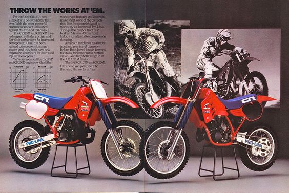1986 Honda CR125R, CR250R Dirt Bikes. Original Honda Motorcycle Ad.