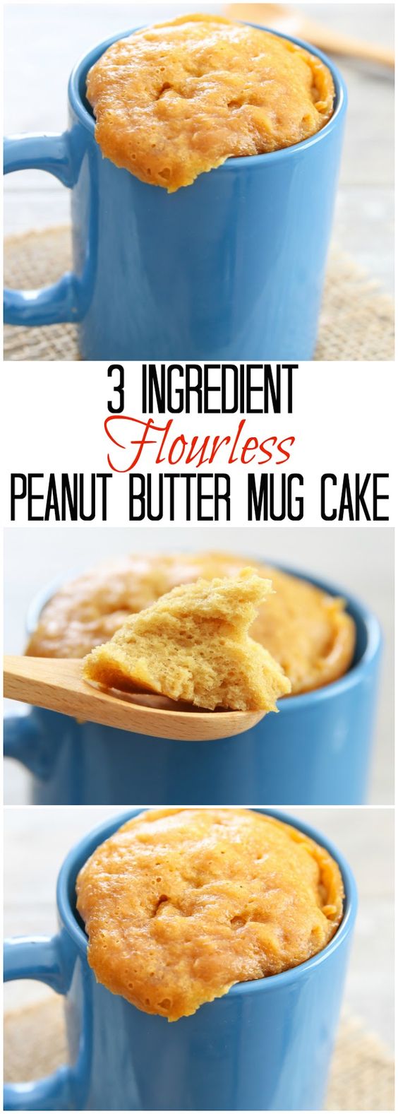 3 Ingredient Flourless Peanut Butter Mug Cake. Easy and ready in 5 minutes and you won't believe it is flourless!