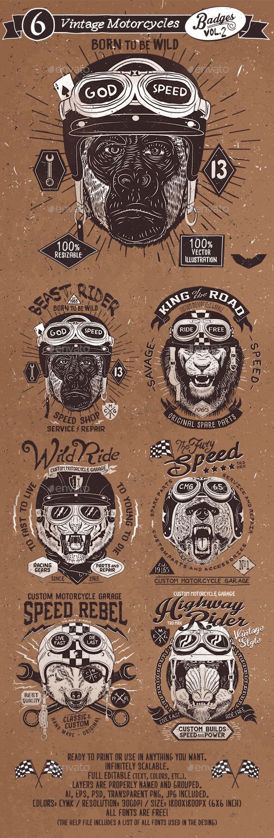6 Vintage Motorcycles Badges Template PSD, Vector EPS, AI. Download here: