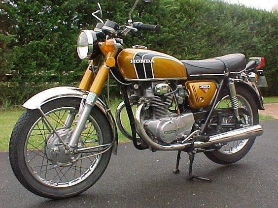 '72 Honda CB350 twin, seventh bike, bought cheap & owned for a summer, pretty beat up, took some work to get running -image via motorbike search engine