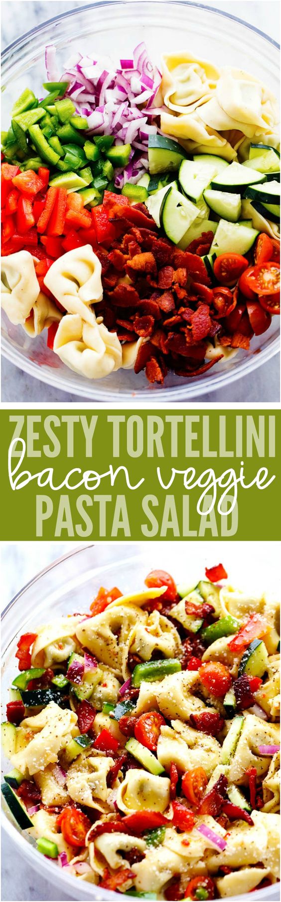 A zesty italian salad with tortellini, bacon and vegetables. This salad will be a huge hit wherever you take it!