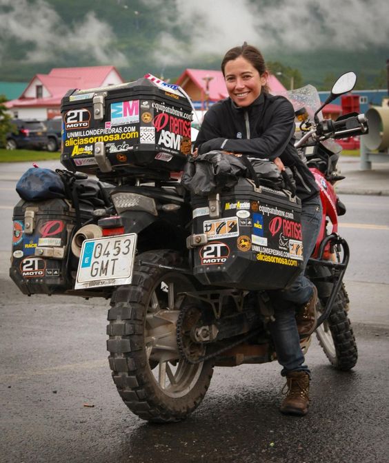 Alicia Sornosa (a general badass) and her BMW motorcycle on her road trip!    World traveler Alicia and the gang of Spanish moto globetrotters were staying at the same hotel in Valdez, AK. (From Dean Howard)---- badass is right- i've traveled jus like this only w a tent  and a backpack!!! Stayed at KOA'S best time of my life