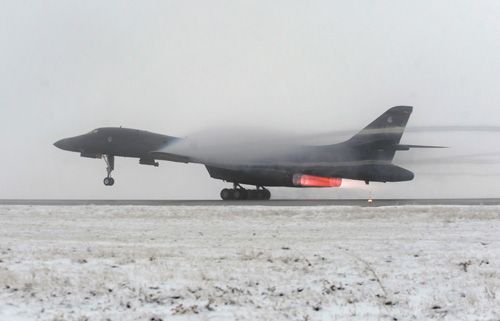 B-1B Bone - takeoff with a great shot of the afterburners. You can almost feel the thunder reverberating in your chest looking at this picture!