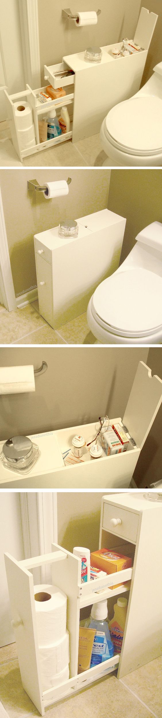 Bathroom space saver floor cabinet // stores up to 12 rolls of toilet paper and fits beside the closet - brilliant idea! #product_design