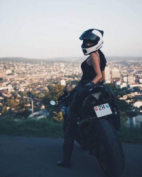 Biker Girl With Skully Motorcycle Helmet on