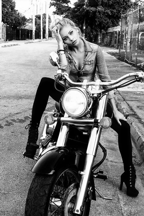black and white picture, girl on her Harley Davidson