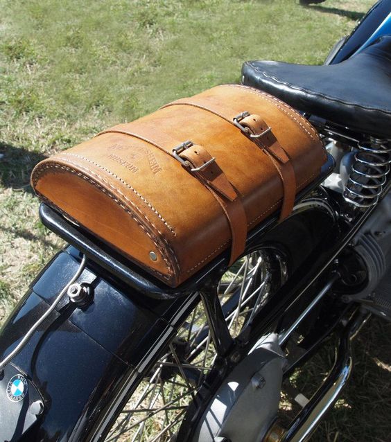 BMW vintage motorcycle with leather bag