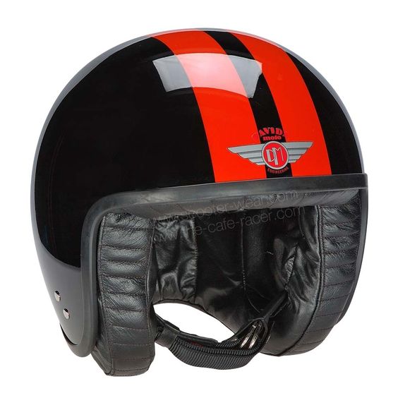 Davida Jet Helmet - Gloss Black Orange Stripes Ever popular Jet motorcycle or scooter helmet from Davida - handmade in the UK with a luxurious leather lining. The Davida Jet integrates the finest features of the traditional open face helmet into a modern product that meets the latest European Safety Standard ECE R22-05. Availalble at 