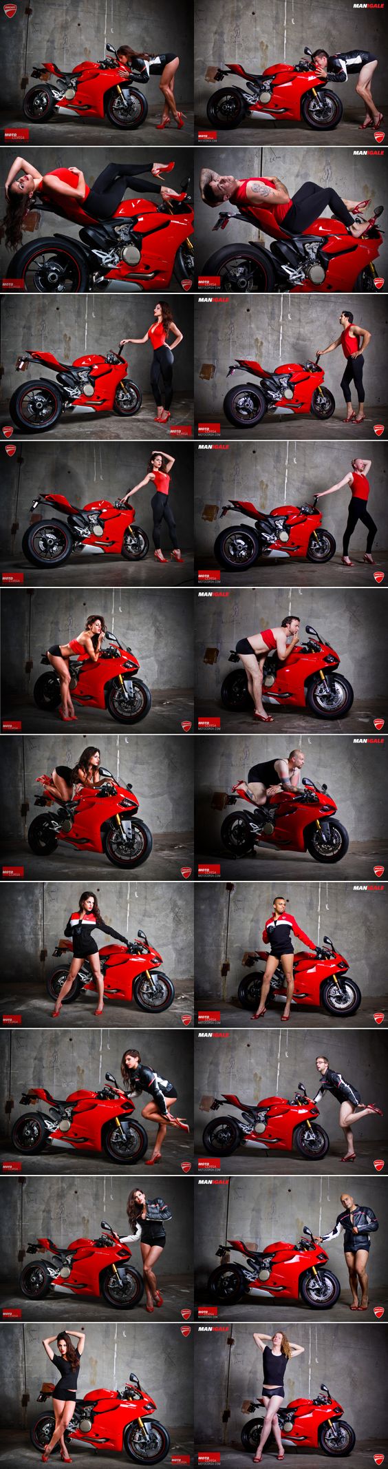 Ducati ad parody - Psst! It’s the bike that’s for sale. But when models seductively languish over motorcycles, prospective customers may forget that. Arun Sharma, the general manager of a Ducati dealership in Portland, Oregon, understands this truth. That’s why commissioned a series of images of men and women flaunting their bodies on the Ducati 1199 Panigale sportsbike. The women are beautiful. The men are…well, let’s just say that they have excellent personalities.