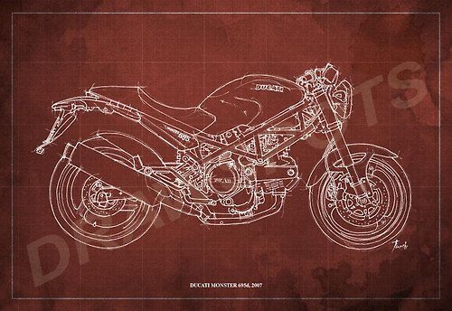 Ducati Monster 695d Blueprint, Art Print , Motorcycle Art print,Original Handmade Drawing by drawspots