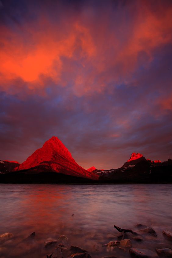 Fire in the sky & Mountains by Joe Dsilva Swift current Lake, Glacier National Park | Montana