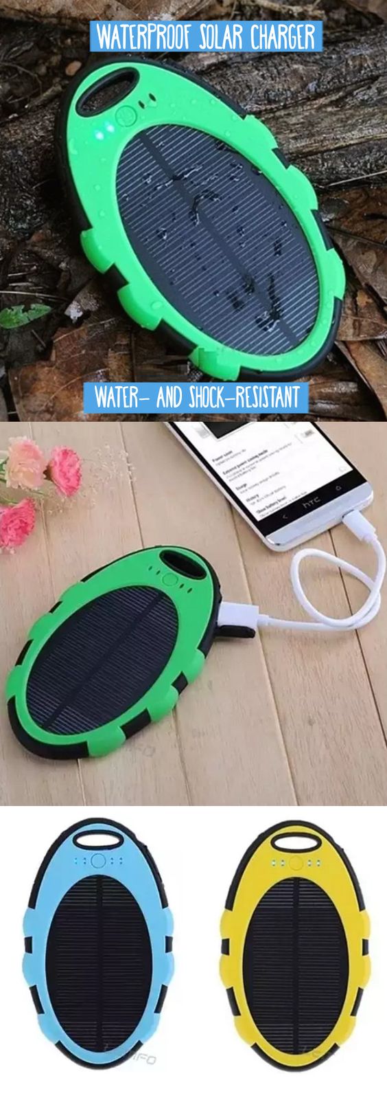 Go Green with this solar charger! At last, a solar charger for the real world. It's water and shock resistant, and includes a hook to attach to your keychain, backpack or purse. With a USB port for easy charging, it's perfect for the outdoor enthusiast who wants to take on rainy autumn days, snowy winter months, or just relax poolside in the summer. Featuring a football grain design, the charger also has an anti skid padding to withstand shock.