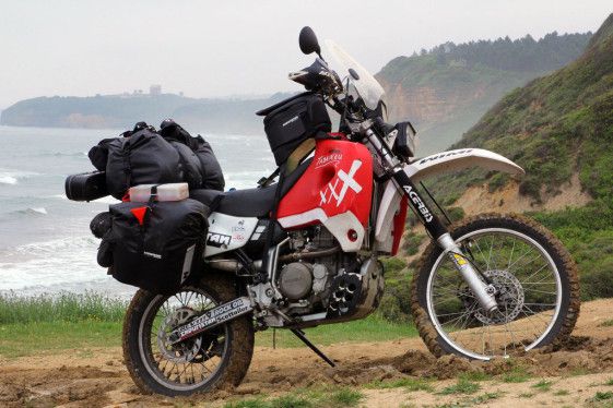 Honda XR650R Round the World Bike - Some of the custom modifications included a heavy duty subframe, custom fabricated pannier rack, stiffer suspension springs, oversized fuel tank, Scottoiler lubrication system, rear fender mounted lithium battery, LED lighting, and a touring windscreen.
