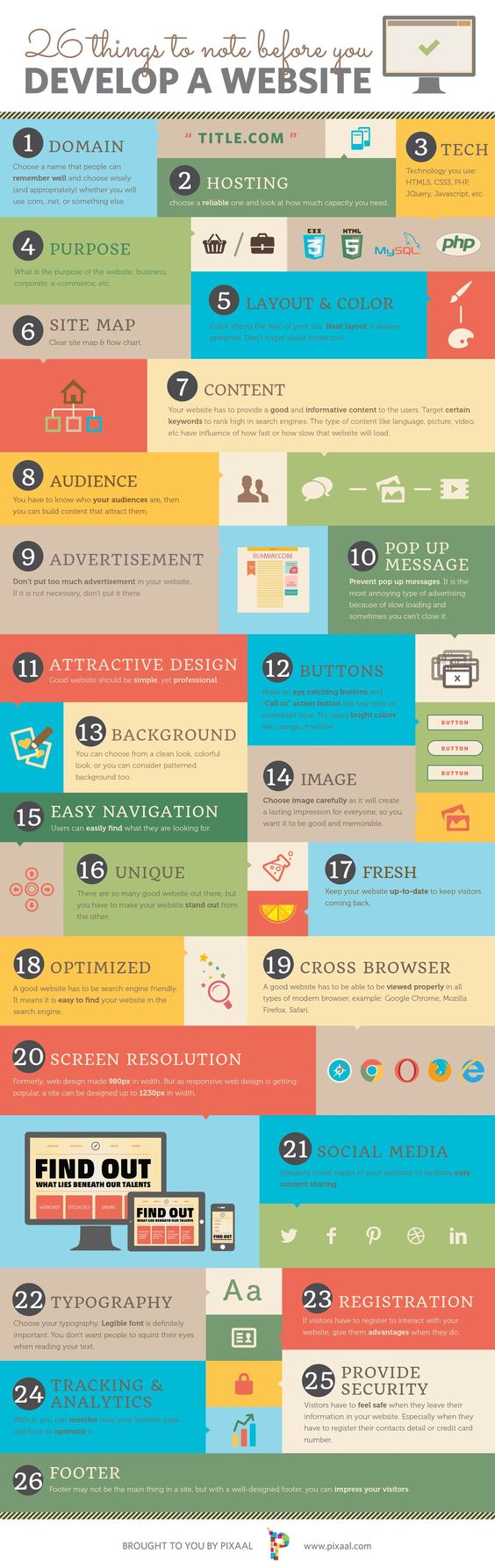 Infographic of 26 things you should keep in mind as you build a new site. I could quibble and there's no depth but as a colorful checklist, it's pretty well done.