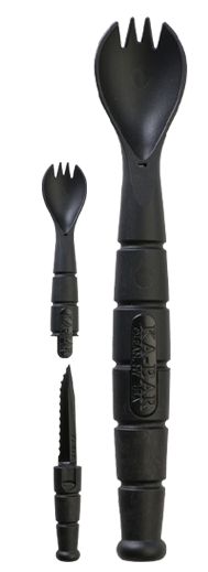 KA-BAR is proud to announce the release of the American-made 9909 Tactical Spork. The Tactical Spork, which is made from food and water approved Grilamid, is equipped with a fork/spoon combo and has a serrated knife hidden in the handle.  The knife is accessed by pulling the spork in opposite directions from each end. (Just in case someone gets out of hand at your next BBQ).