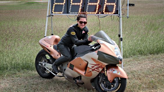Meet the world's fastest female motorcycle rider in a standing mile, Jennifer Robertson! Robertson set a speed record of  mph on her Suzuki Hayabusa! (Photo: Zerin Dube)