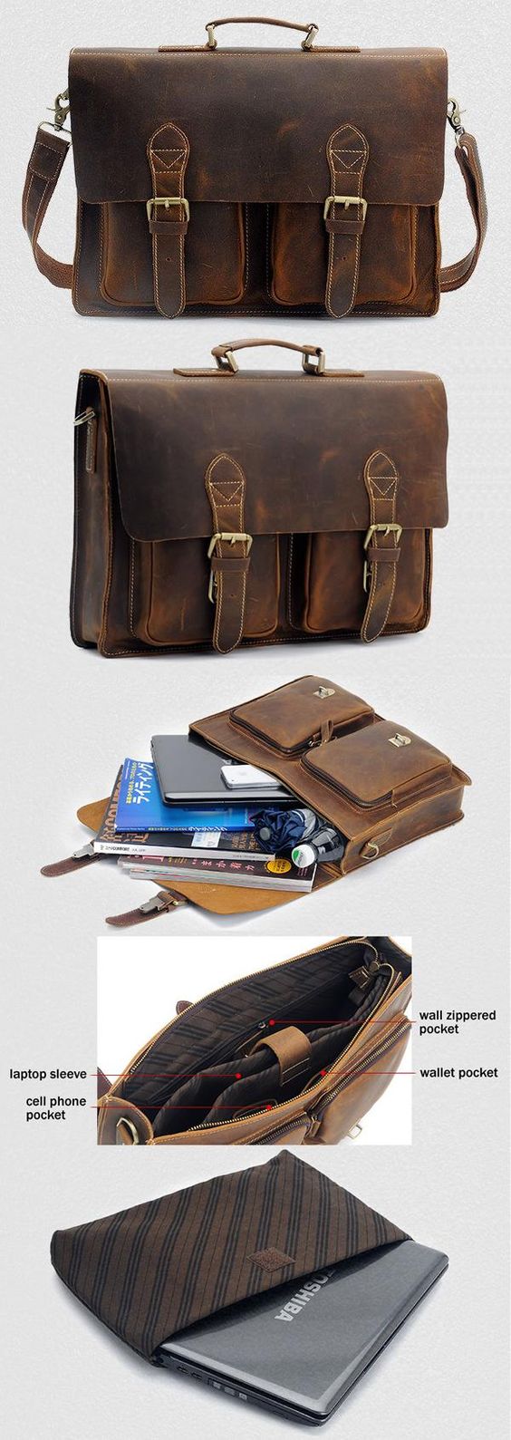 Men's Vintage Handmade Crazy Horse Leather Briefcase / Messenger Bag -- with a 14
