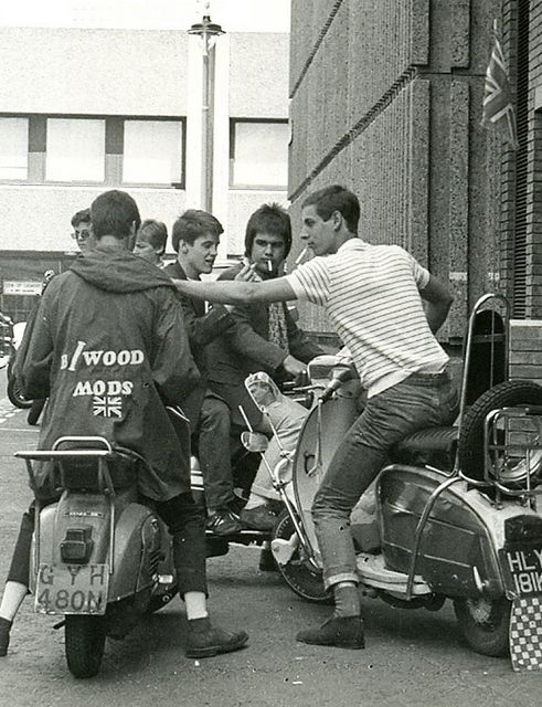 Mods on scooters in Carnaby Street, London, during the filming of ’Steppin’ Out’, 1979. Photo by Paul Wright.
