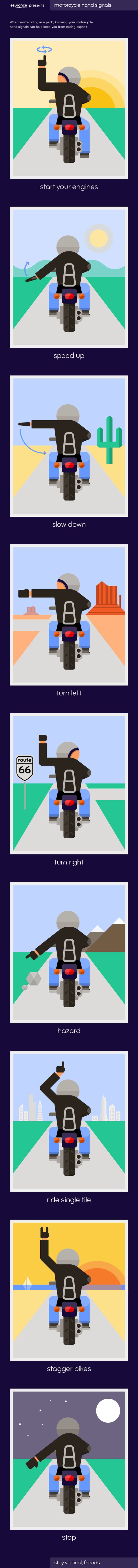 Motorcycle riders use a variety of signals to indicate everything from “slow down” to “watch out, hazard ahead.” Check out the infograph to see the top 9 motorcycle hand signals.