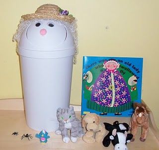 Old Lady who swallowed a fly! Make her with a flip lid trash can. When it gets to each item in the reading of the book, then kids 