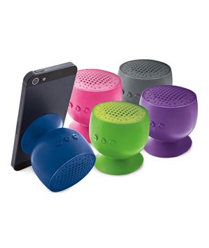 Portable waterproof & wireless speakers have a rechargeable battery that lasts up to six hours and stick to almost any surface—including your shower wall.
