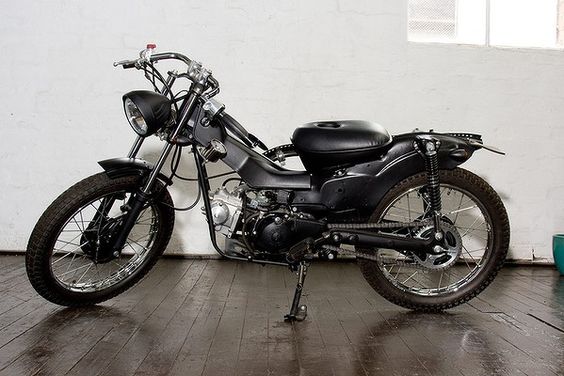Post Modern Motorcycles modify Honda CT110s, otherwise known as postie bikes. The Blackmail model pictured.