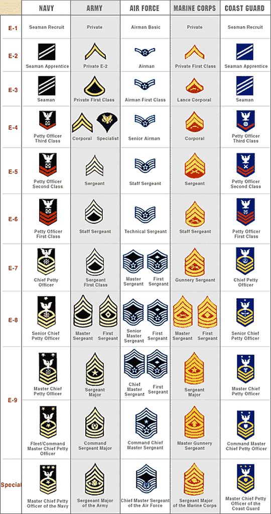 Rank structure and insignia of enlisted personnel - all branches of US military service