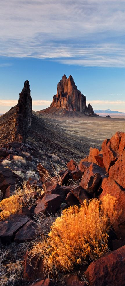 Shiprock Rock and black dike ridge, New Mexico, USA