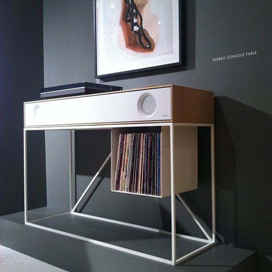 stereo console by Symbol Audio connects to a record player or Bluetooth-enabled device. Plus there's a place to store your records!