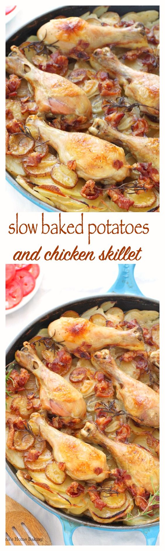 Tender chicken drumsticks cooked on top of layers of thin sliced potatoes and onions make this potatoes and chicken skillet an mouthwatering, flavorful meal.
