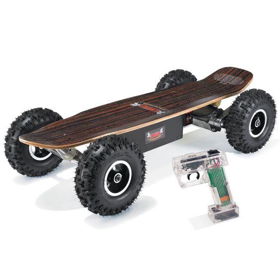 The All Terrain Electric Skateboard. This is the all-terrain electric skateboard that carries riders over beaches, forest trails, and gravel paths with large, knobby tires at adrenaline-saturated speeds up to 19 mph. Powered by a 36-volt battery, the skateboard's 800-watt motor provides enough speed to propel riders up to 330 lbs.
