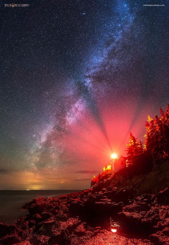The Milky Way across the sky at Bass Harbor Lighthouse in Acadia National Park, Maine