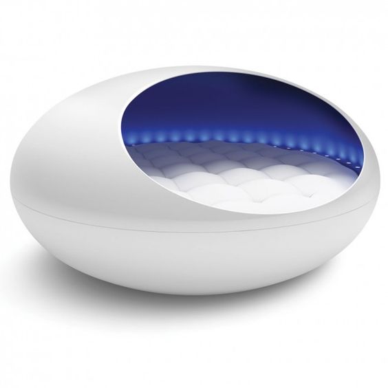 The Tranquility Pod - A 6 foot wide temperature-controlled waterbed with LED mood lighting and an 80-watt audio system.