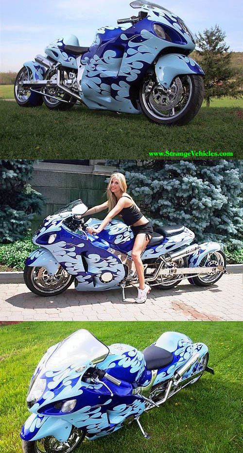 Three wheel custom Suzuki Hayabusa - choice of name was made because the peregrine falcon preys on blackbirds,[8] which reflected the intent of the original Hayabusa to unseat the Honda CBR1100XX Super Blackbird as the world's fastest production motorcycle.[9][10][11] Eventually, the Hayabusa managed to surpass the Super Blackbird by at least a full 10 miles per hour (16 km/h)
