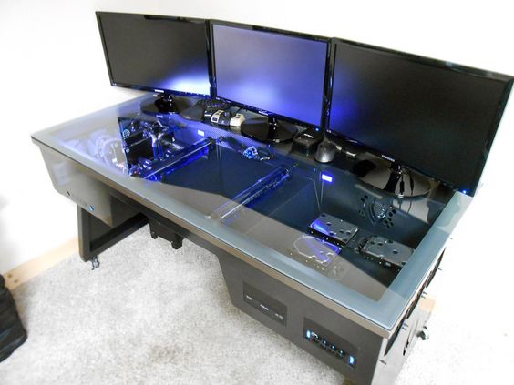 Triple monitor transparent desk installed PC #casemodding #computer #awesome