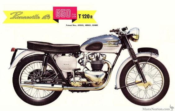 Triumph 1961 T120R Bonneville With the highest performance available today from a standard fully equipped production motorcycle, the Triumph Bonneville 120 is intended primarily for the experienced rider. The two-carburetter engine with splayed port light alloy head, although tremendously 