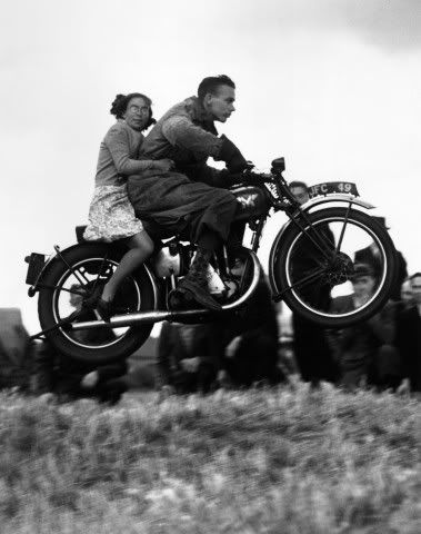 Woman clings to rider in motorcycle jump. #Funny #Retro #Vintage #Motorcycle
