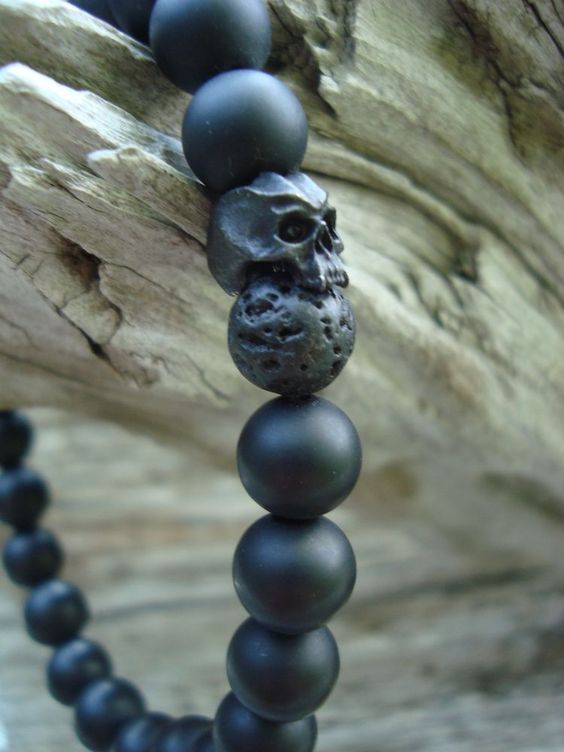  Matte Onyx Black Lava Rock Cyber Skull Stretch Beaded Bracelet #wtfbeads #Beaded