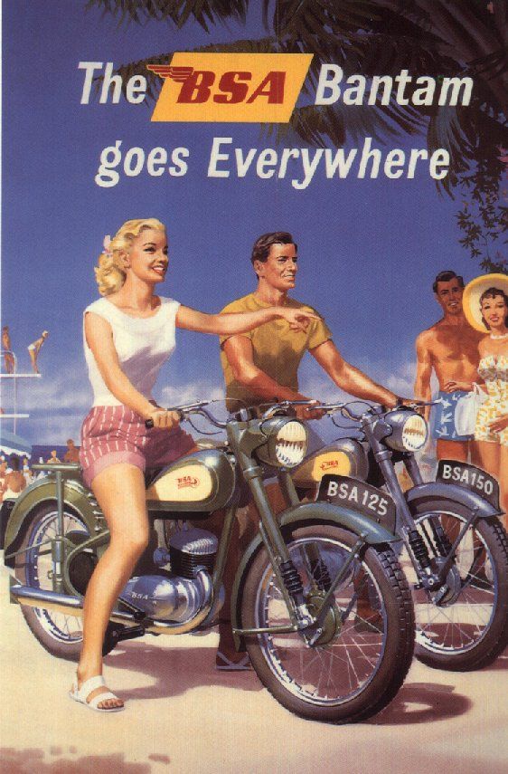 You mean everywhere? Is that a shoe store? - Vintage BSA Bantam Motorcycle Ad! -