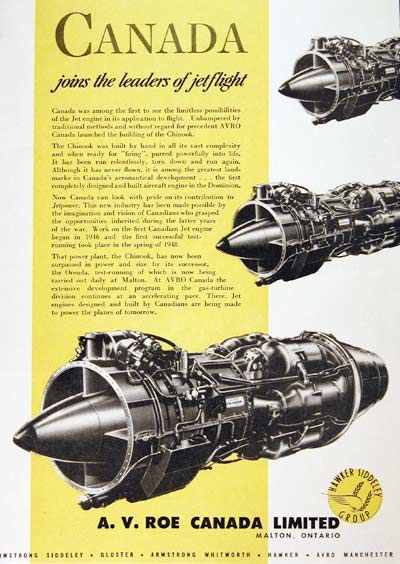 1949  Roe original vintage advertisement. Features the Chinook jet airplane engine, built entirely by hand at the Malton, Ontario plant.