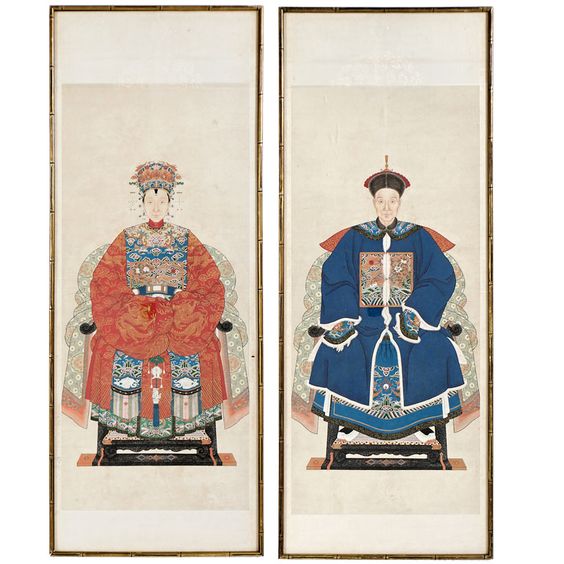 1stdibs | Pair Chinese Ancestor Portraits In Gilt Bamboo-Form Frames