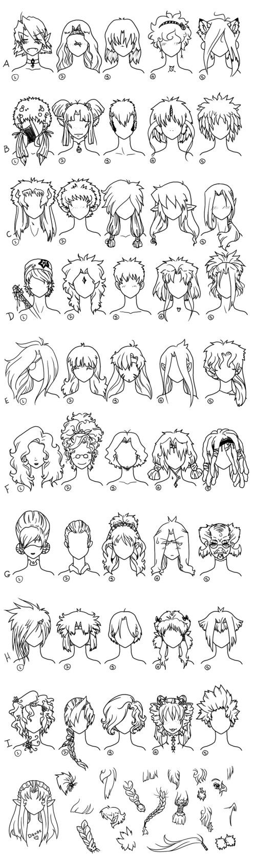 A large chart of hair style ideas for when creating an anime/manga character. There are some very interesting hair styles shown here! (laugh)