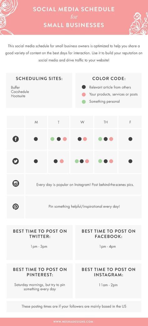 A simple social media schedule for small businesses. Social media content marketing strategy. How to use social media. How to optimise the main social media platforms. Pinterest tips. Instagram tips. Facebook tips. Twitter tips. Best times to post on social media. Digital marketing tips for blogging.