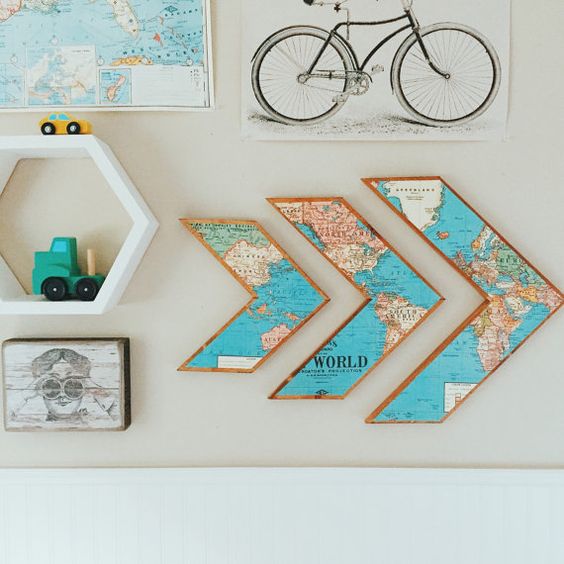 Add charm to your home with a beautiful set of wooden world map arrows. DIMENSIONS: Small Arrow:  inches Length: 12 inches thickness: