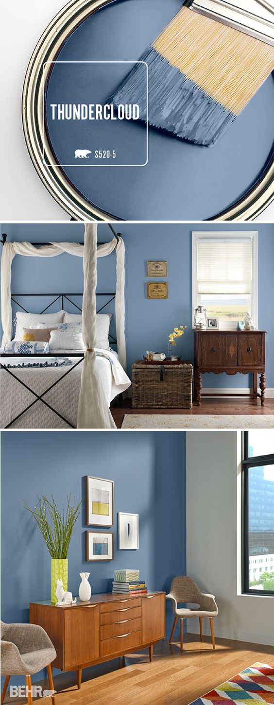 Add sophistication to your home by incorporating Thundercloud into your bedroom, kitchen, or entryway. This deep blue BEHR Paint color will look great on an accent wall or a bedroom for a pop of color. #TrueToHue