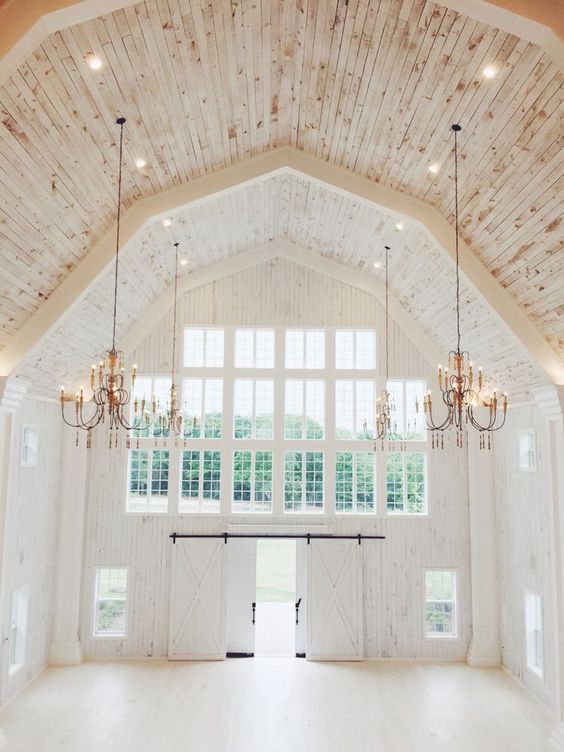 Amazing ceiling. Love the shape of the roof , the wood on ceiling and white below and the two beautiful chandeliers.