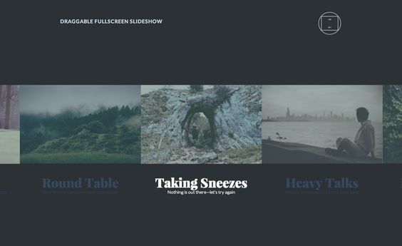 An experimental slideshow that is draggable and has two views: fullscreen and small carousel. In fullscreen view, a related content area can be viewed.