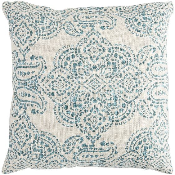 An intricate teal stamped print on a natural cotton background melds the exotic with the sensible. Our medallion pillow can be both statement and accent. Lose yourself in the inspiration it brings.