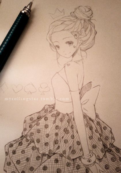 ✮ ANIME ART ✮ anime girl. . .dress. . .ruffles. . .bow. . .polka dots. . .hair. . .updo. . .bun. . .crown. . .poker suit. . .cute. . .drawing. . .pencil. . .graphite. . .doodle. . .kawaii